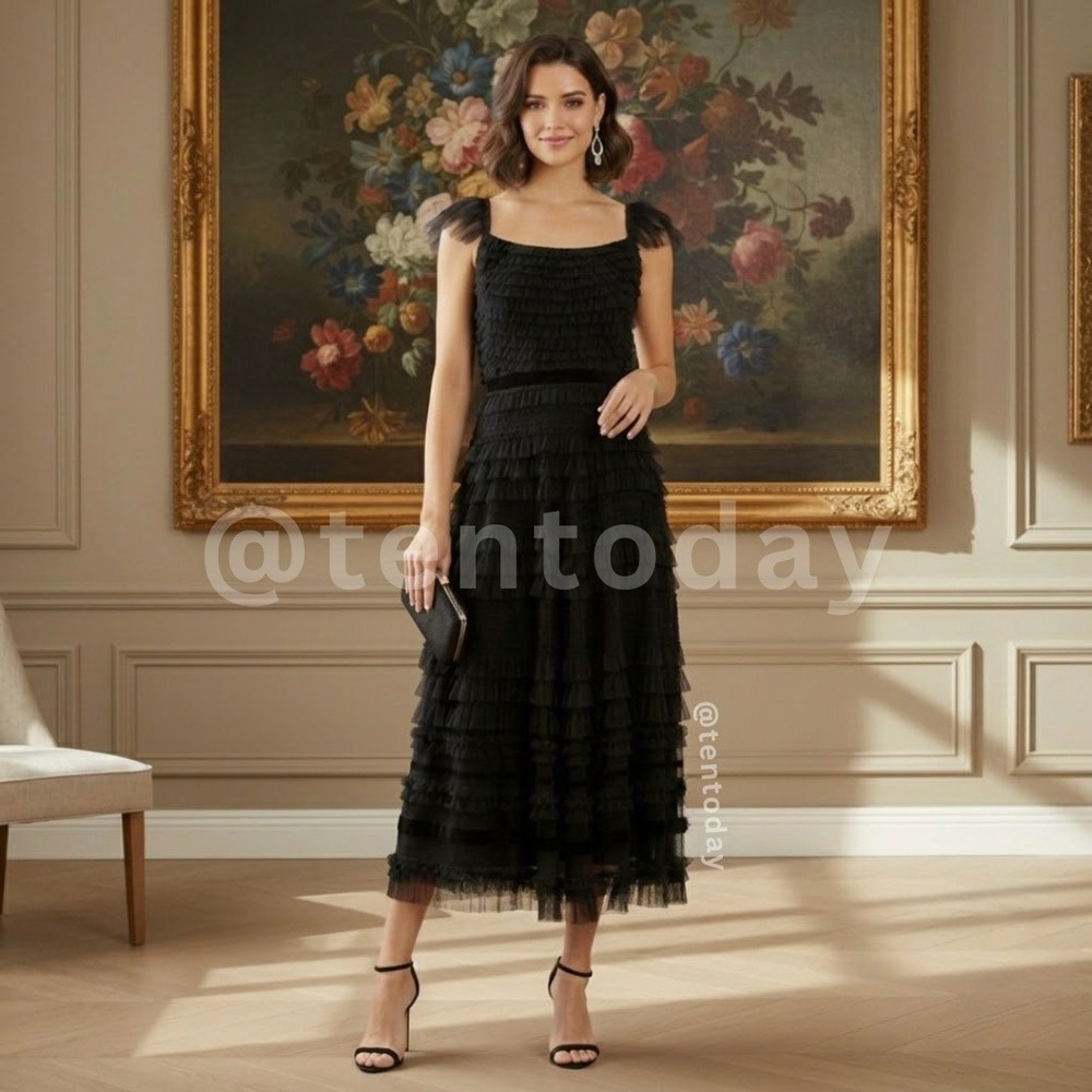 NWT Mac Duggal Size 10 Black Ruffle Cap Sleeve Tiered Ruffled Tulle Midi Dress